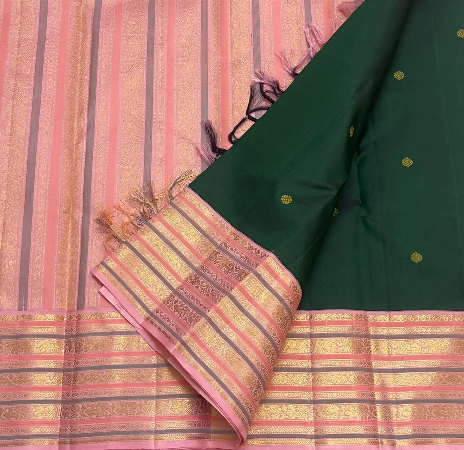 Bottle Green Butta Zari Korvai Kanchipuram Bridal Silk Saree